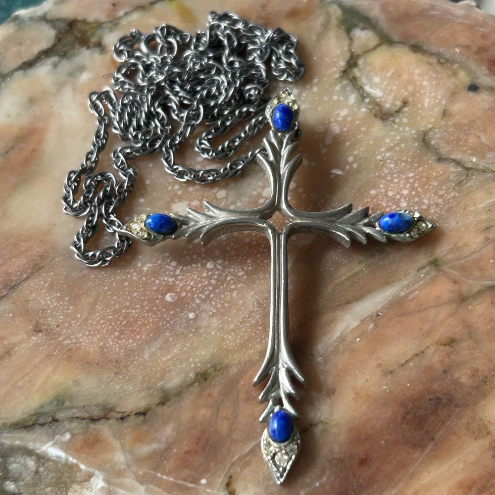 Vintage Blue Faux Lapis Lazuli Silver Cross Necklace